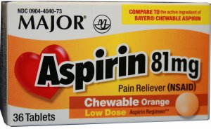 Aspirin, Tab Chewable Compare to St. Joseph®, #700317 Children's Pain Relief Major® 81 mg Strength Aspirin Chewable Tablet 36 per Bottle by Major Pharmaceuticals  ID 00904-4040-73